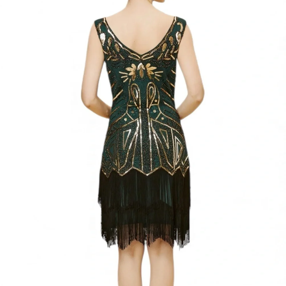 NWT BABEYOND Emerald & Gold Sequin Flapper Holiday Party Dress 3X-5XL Fringe - Picture 3 of 16